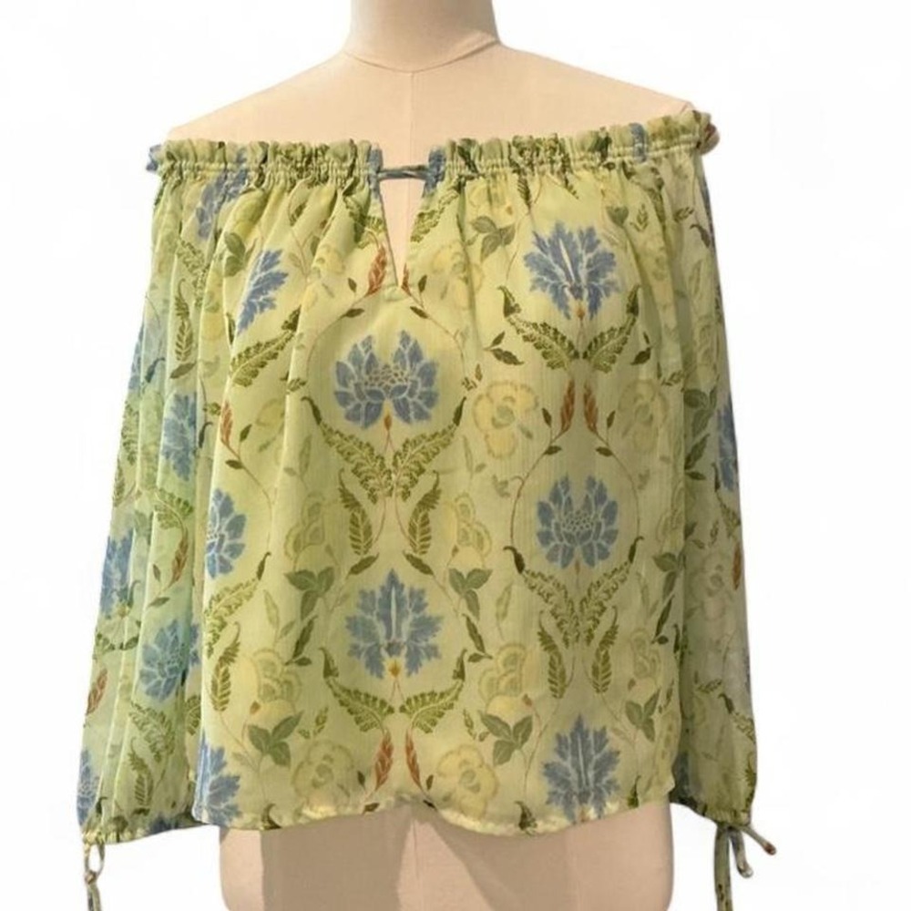 LOFT Blouse Womens Small Green Floral Excellent Off-The-Shoulder Balloon Sleeve